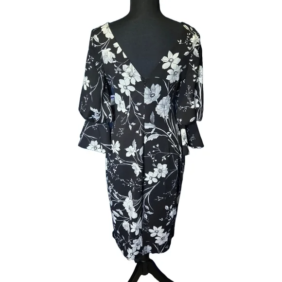 Calvin Klein Floral Sheath Dress Size 4 Black White Bell Sleeve Work Wedding NWT - Picture 3 of 9